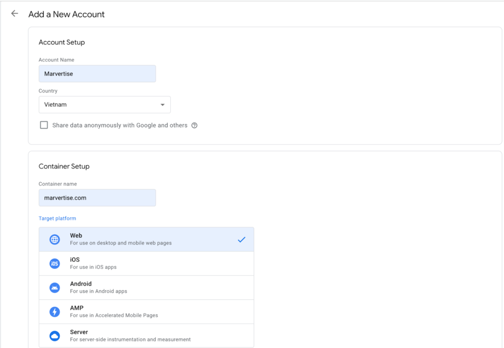 Điền Account name và Container name, với Web là Target platform