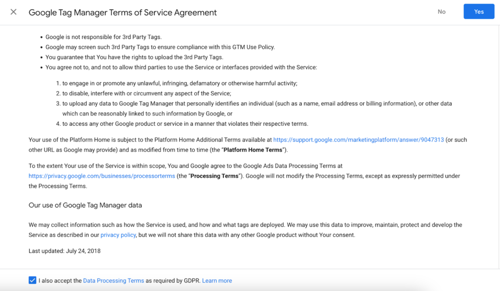 Chấp nhận điều khoản dịch vụ của Google Tag Manager