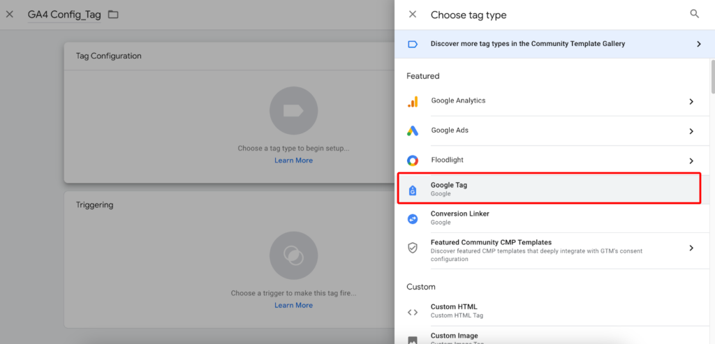 Click vào Tag Configuration => Google Tag (trước đây là Google Analytics Configuration)