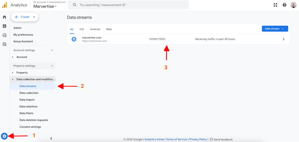 Truy cập vào Google Analytics => Data streams