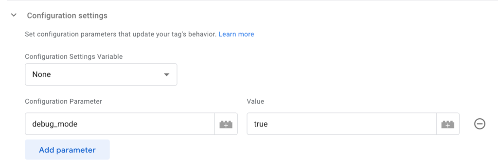 thêm Configuration Parameter là “debug_mode” với Value là “true”