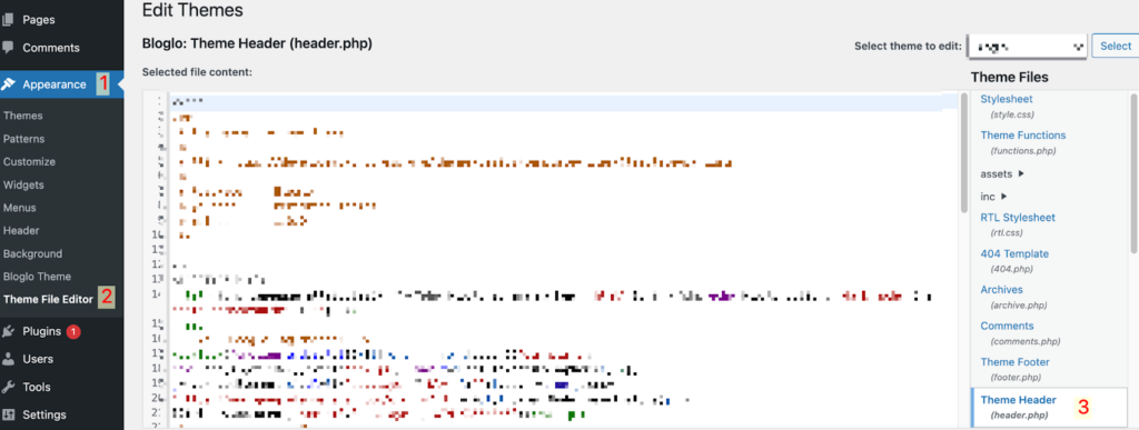 Appearance => Theme File Editor => header.php